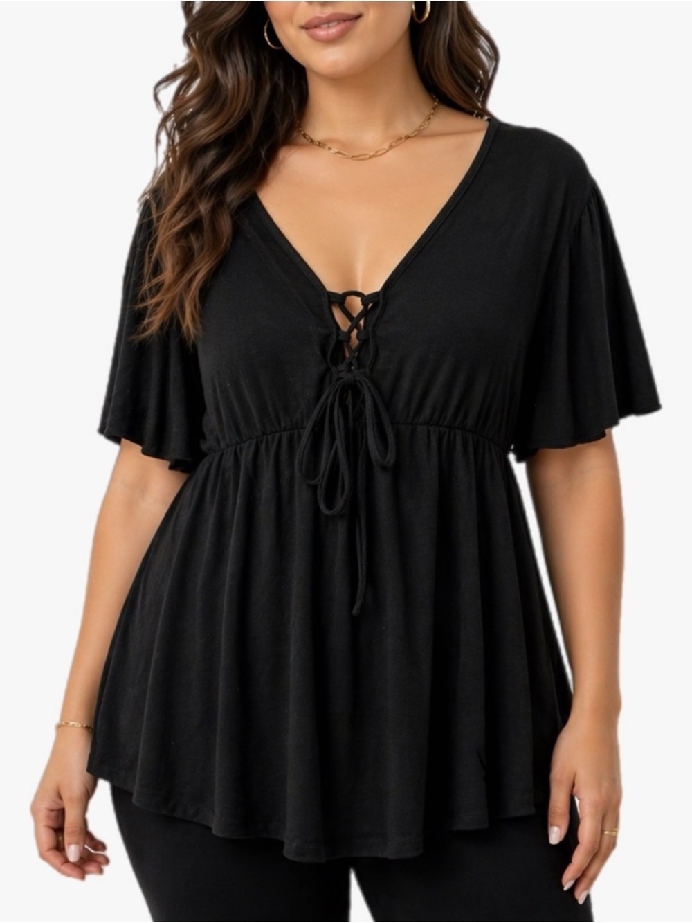 Shein Curve Black V-Neck Lace-Up Flutter Sleeve Blouse Women’s Plus Size 1X